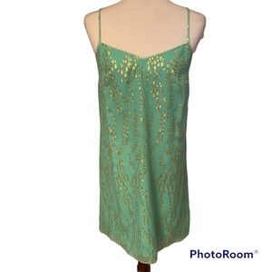 LILLY PULITZER DRESS MINI PALE GREEN GOLD METALLIC SPAGHETTI STRAPS SIZE S